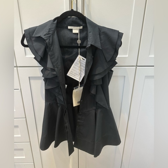 NWT- Antonio Berardi Ruffled Stretch Cotton Blouse Black 40 Sleeveless - Picture 2 of 11